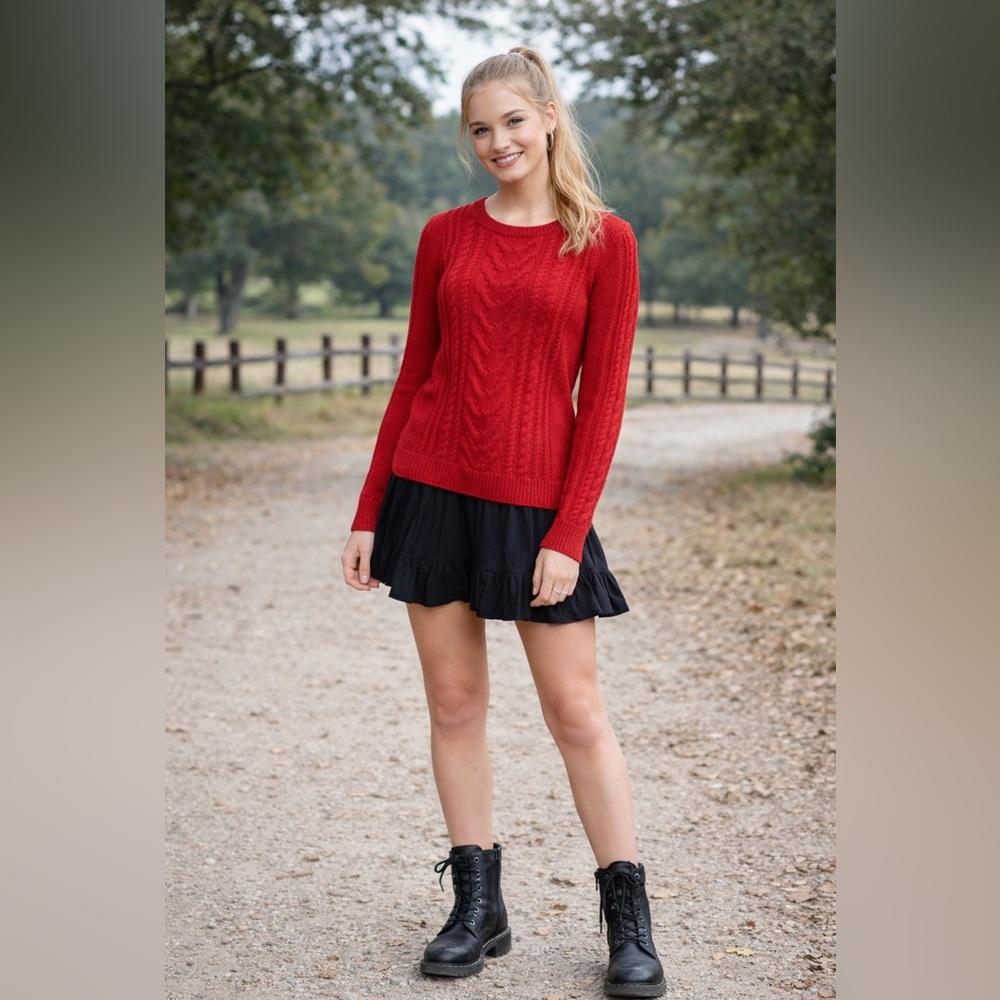 Old Navy Women’s Red Cable Knit Sweater Size L Cozy Preppy Fishermancore